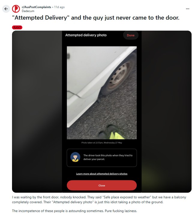 Another user complains about an “attempted delivery” despite being home.