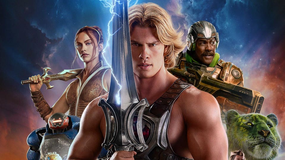 "Masters of the Universe" key art featuring Camila Mendes, Nicholas Galitzine and Idris Elba.