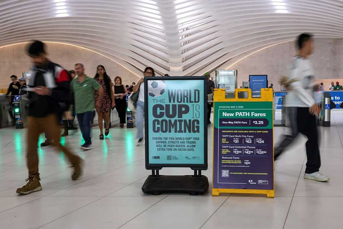 FIFA World Cup signage is seen at the PATH train station at the World Trade Center transportation hub in New York on May 27, 2026. The 2026 FIFA World Cup runs from June 11 to July 19.