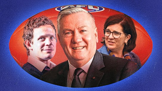 Options for the AFL Commission? From left: Former St Kilda and Collingwood player Luke Ball, former Collingwood president Eddie McGuire, and North Melbourne chair Sonja Hood.