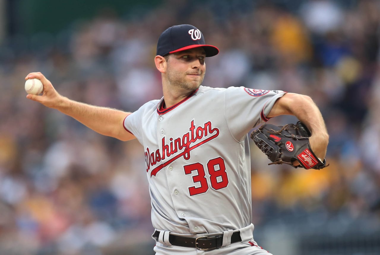 Pitcher Jacob Turner delivering a pitch from the mound during a May 2017 MLB game.