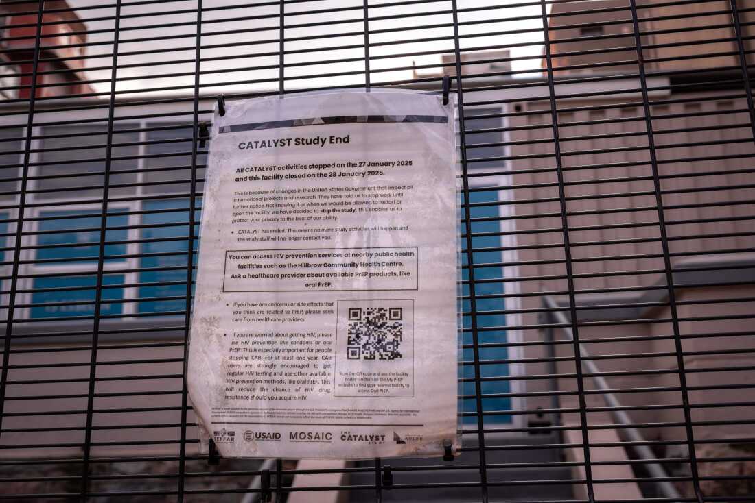 A notice informs of the ceasing of the CATALYST study in January 2025 due to USA policy changes and funding cuts, as well as alternate options for HIV prevention and healthcare services outside the WITS RHI Women’s Health Clinic in Esselen street, Hillbrow, Johannesburg, South Africa on May 25, 2026.