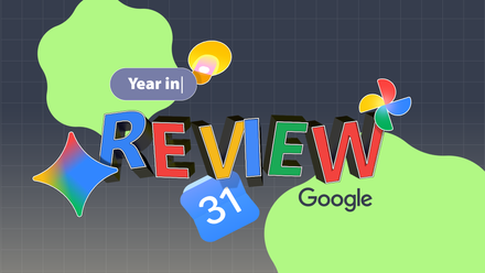 Gemini, Google Calendar, Google Keep and Google Photos icons around a colorful 'Year in Review' graphic.