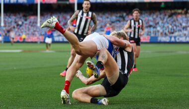 AFL King’s Birthday game: Melbourne Demons forward Brody Mihocek taken to hospital after injuring neck in awkward tackle against Collingwood Magpies