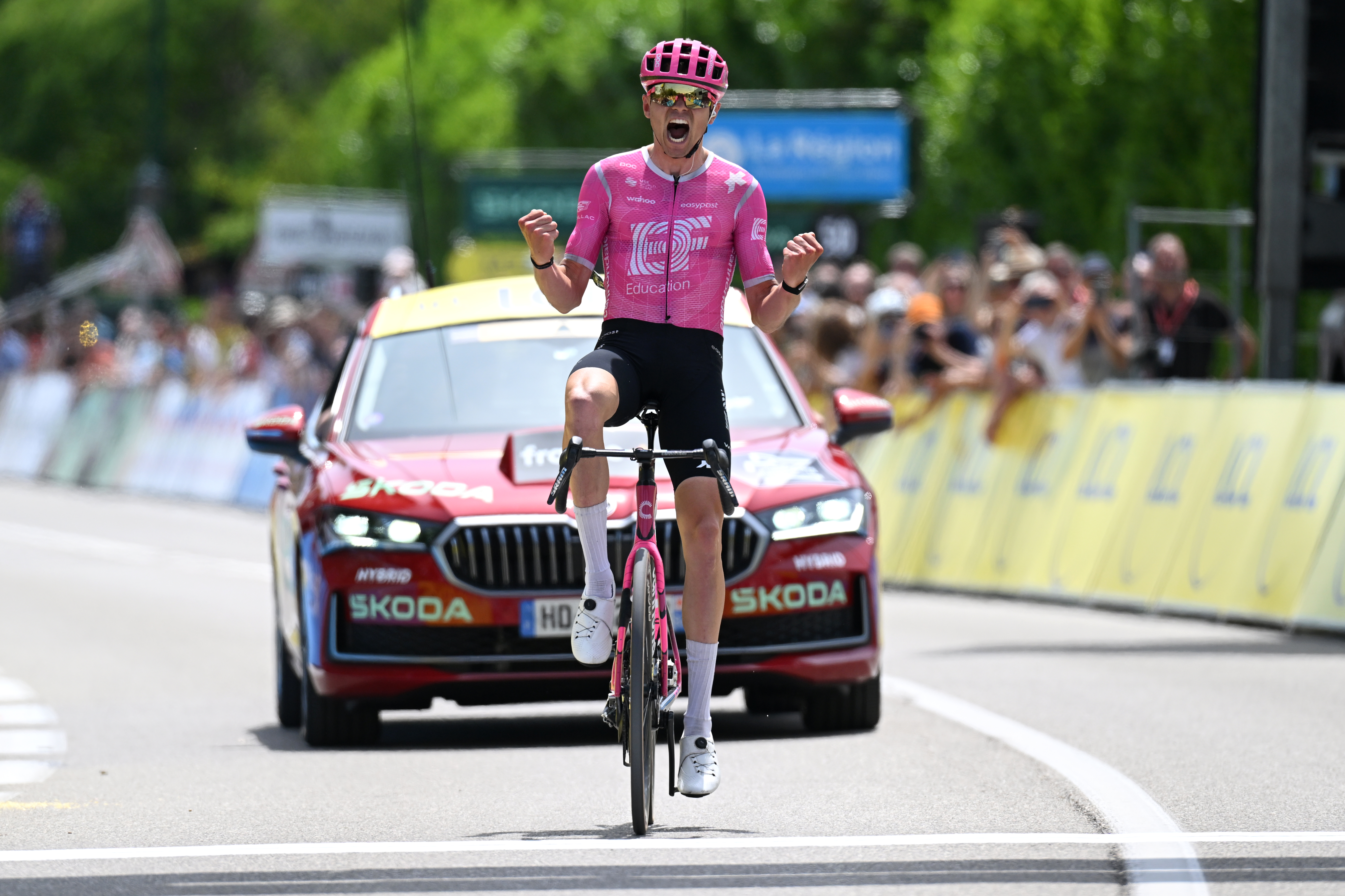 SAINT-ISMIER, FRANCE - JUNE 07: Alex Baudin of France and Team EF Education - EasyPost celebrates at finish line as stage winner during the 78th Tour Auvergne-Rhone-Alpes 2026, Stage 1 a 146.2km stage from Vizille to Saint-Ismier / #UCIWT / on June 07, 2026 in Saint-Ismier, France. (Photo by Dario Belingheri/Getty Images)