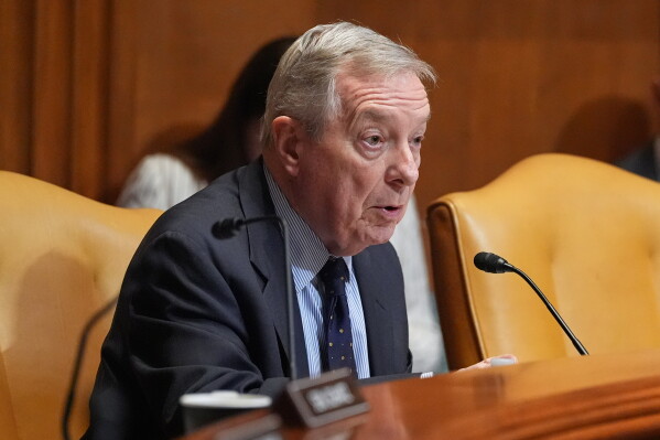 Sen. Dick Durbin, D-Ill., questions Chairman of the Joint Chiefs of Staff Gen. Dan Caine at a Senate Appropriations subcommittee on defense hearing on the budget request for the Department of Defense, Tuesday, May 12, 2026, in Washington. (AP Photo/Alex Brandon)