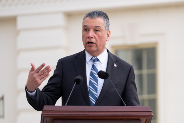Sen. Alex Padilla, D-Calif., speaks at an event marking the installation of a plaque commemorating Jan. 6 at the U.S. Capitol on Wednesday, March 25, 2026, in Washington. (AP Photo/Allison Robbert)