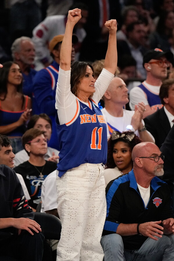 Mariska Hargitay cheers during Game 3 of the NBA Finals basketball series between the New York Knicks and the San Antonio Spurs, Monday, June 8, 2026, in New York. (AP Photo/Ross D. Franklin)