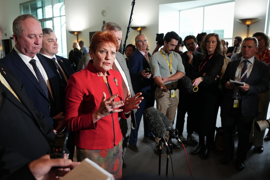 Pauline dressed in red speaks surrounded by media and Barnaby Joyce next to her.