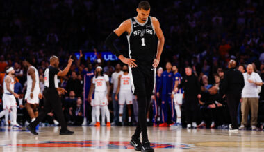 San Antonio Spurs center Victor Wembanyama (1) looks down toward the court during the fourth quarter of Game 4 of the NBA Finals at Madison Square Garden in New York, Wednesday, June 10, 2026. The Knicks defeated the Spurs 107-106, leading the series 3-1.
