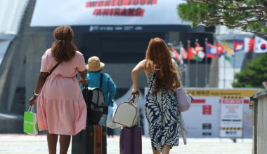 BTS fans on Thursday look around  the Busan Asiad Main Stadium, where the K-pop supergroup is holding concerts for its world tour in southeastern city of Busan. Yonhap