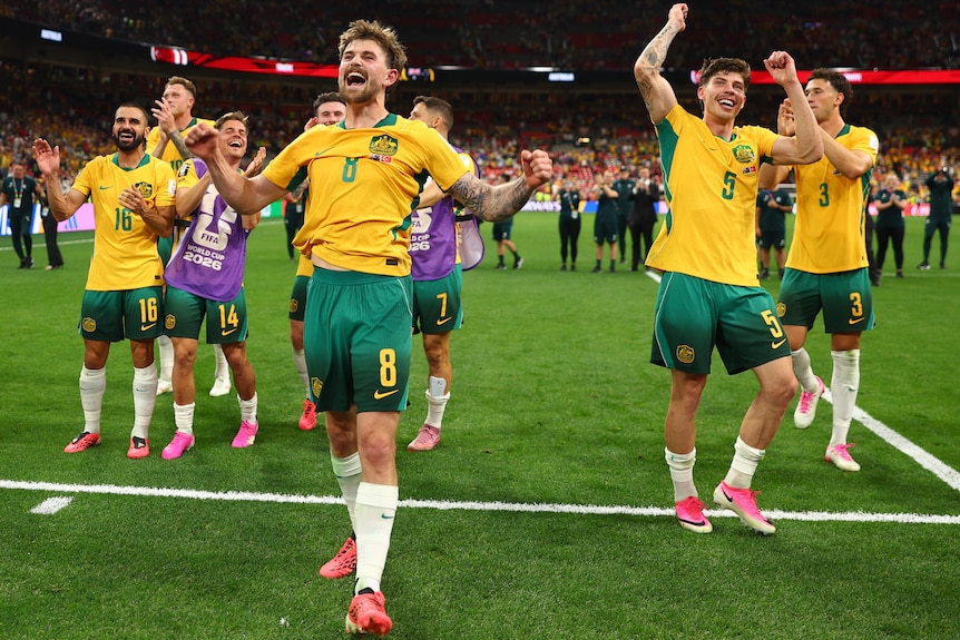 Connor Metcalfe celebrates the his Socceroos teammates.