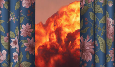 shawn huckins frames painted wildfires behind hyperreal curtains