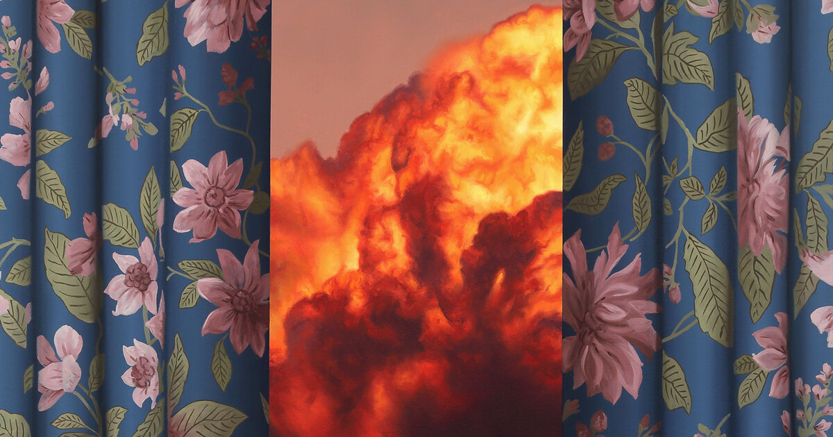 shawn huckins frames painted wildfires behind hyperreal curtains