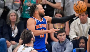 New York Knicks guard Jalen Brunson drives as San Antonio Spurs center Luke Kornet (7) defends during Game 5 of the NBA Finals