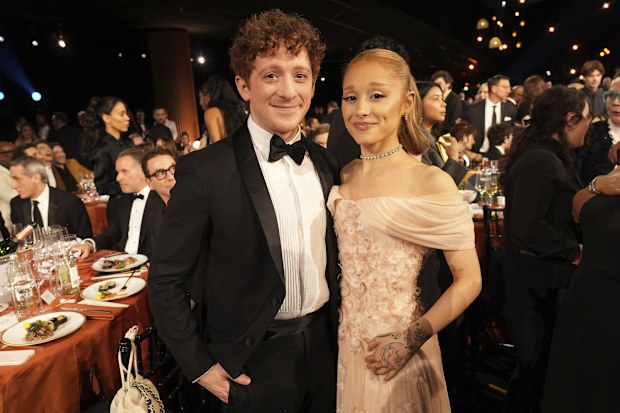 Ethan Slater, left, and Ariana Grande in the audience during the 31st annual Screen Actors Guild Awards on Sunday, Feb. 23, 2025, at the Shrine Auditorium in Los Angeles. 