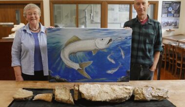 A woman and a man stand beside a painting of a fish, with fossilized fish remains displayed on the table in front of them.