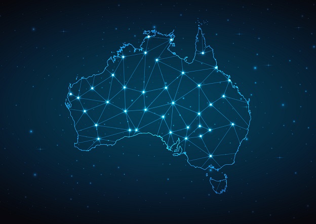 A computer-generated map of Australia in glowing blue lines, with a network of lines and nodes in glowing blue in the country