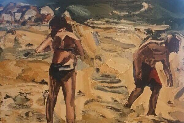 A photo of an artwork depicting two childlike figures at the beach.