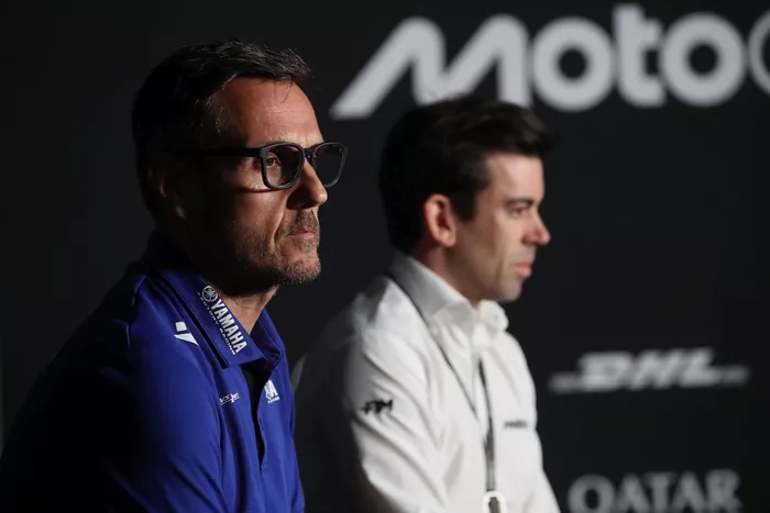 Paolo Pavesio, Managing Director of Yamaha Racing; Carlos Ezpeleta, Chief Strategy Officer of the MotoGP Sports Entertainment Group