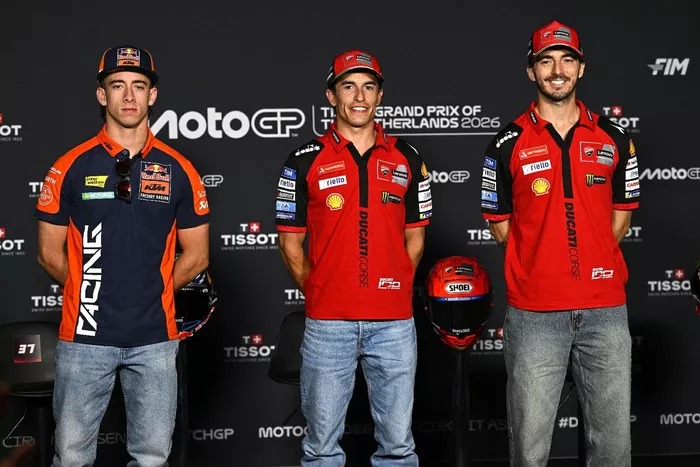 Pedro Acosta, Red Bull KTM Factory Racing; Francesco Bagnaia, Ducati Team; Marc Marquez, Ducati Team