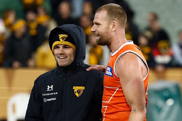 Nick Watson with Jake Stringer after the Hawks’ clash with the Giants.