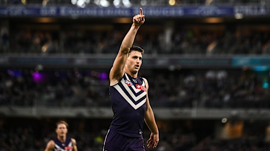PERTH, AUSTRALIA - JUNE 28: Patrick Voss of the Dockers celebrates a goal during the 2026 AFL Round 16 match between the Fremantle Dockers and the Gold Coast Suns at Optus Stadium on June 28, 2026 in Perth, Australia. (Photo by Daniel Carson/AFL Photos via Getty Images)