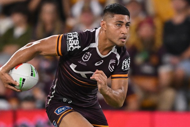 Josiah Karapani in action for the Brisbane Broncos against the Penrith Panthers in round one.