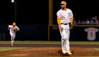 KNOXVILLE, TN - April 18, 2026 - Pitcher/Outfielder Blaine Brown #1 and Head Coach Josh Elander of the Tennessee Volunteers before the game between the Ole Miss Rebels and the Tennessee Volunteers at Lindsey Nelson Stadium in Knoxville, TN. Photo By Kate Luffman/Tennessee Athletics