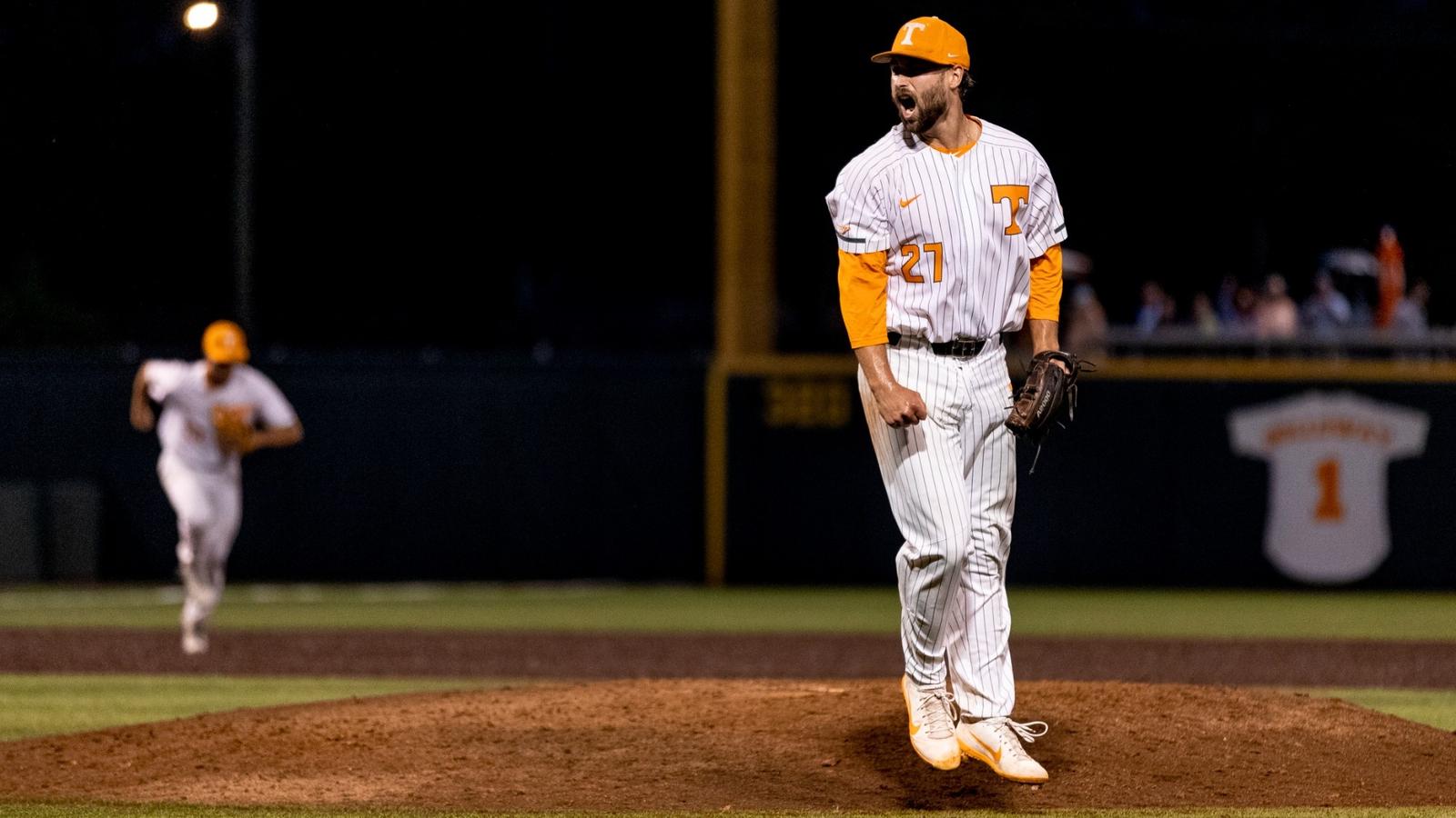 KNOXVILLE, TN - April 18, 2026 - Pitcher/Outfielder Blaine Brown #1 and Head Coach Josh Elander of the Tennessee Volunteers before the game between the Ole Miss Rebels and the Tennessee Volunteers at Lindsey Nelson Stadium in Knoxville, TN. Photo By Kate Luffman/Tennessee Athletics