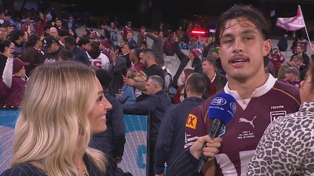 Tino Fa’asuamaleaui speaks to Nine's Allana Ferguson after winning game two of the State of Origin series.