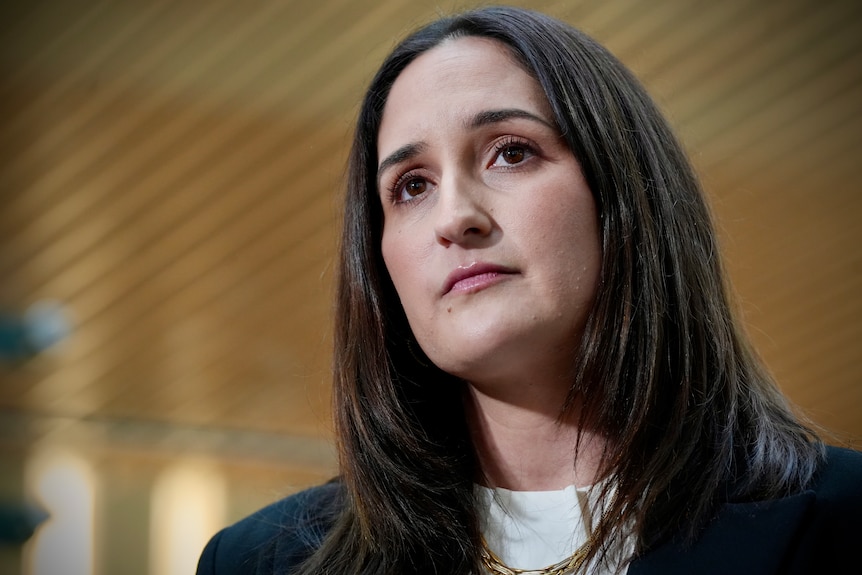 A woman with shoulder length dark brown hair in a dark blazer.