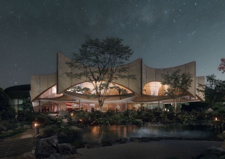 Externally, the two-storey form has been sculpted with a series of organic curves that wrap around trees and “reject the hard-edged walls of many monuments to modern art,” FJC Studio's design report notes.