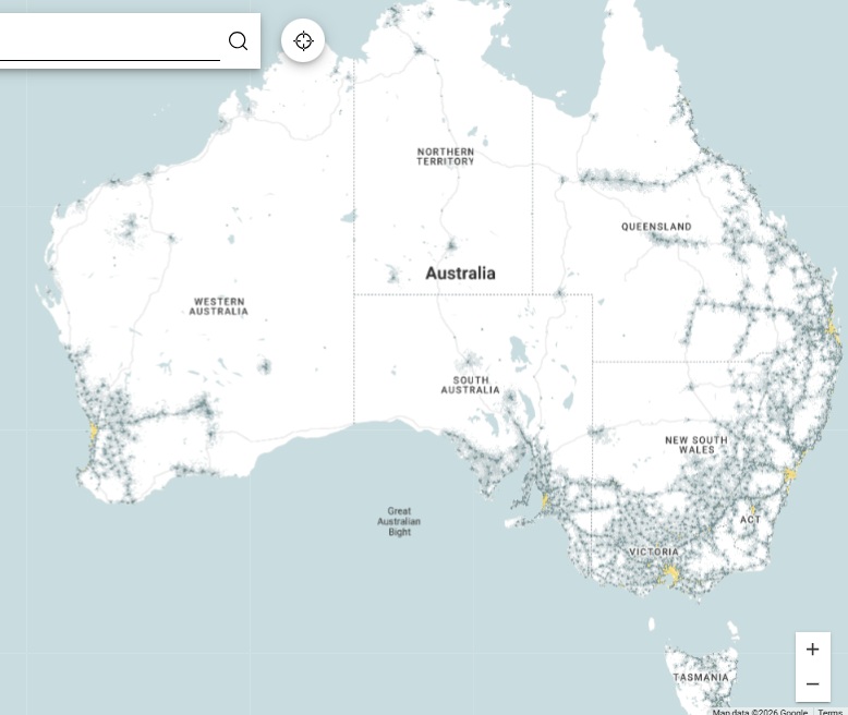 Map of Australia showing Optus standrad 5G coverage primarily in coastal areas and the south east corner