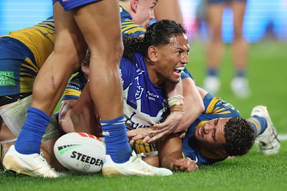 Sitili Tupouniua celebrates after scoring a try in Canterbury’s win over the Eeels.
