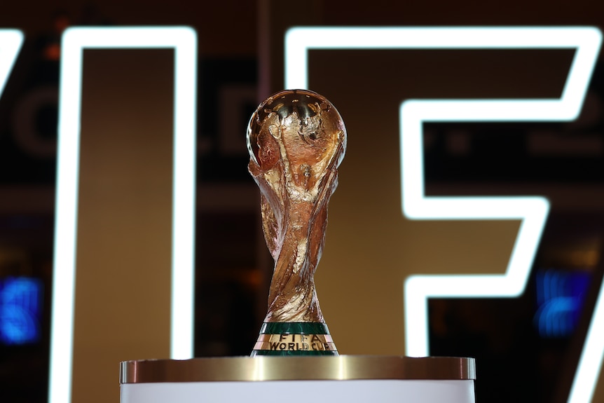 A picture of the golden FIFA World Cup trophy on a pedestal at a reception ahead of the World Cup draw.