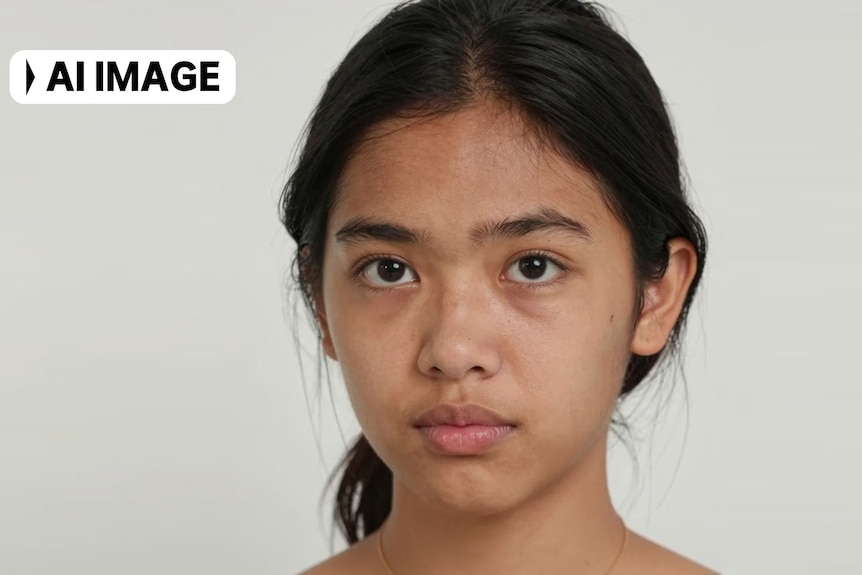 An AI generated profile image of a very lifelike looking young person with tanned skin and dark hair on a black background.