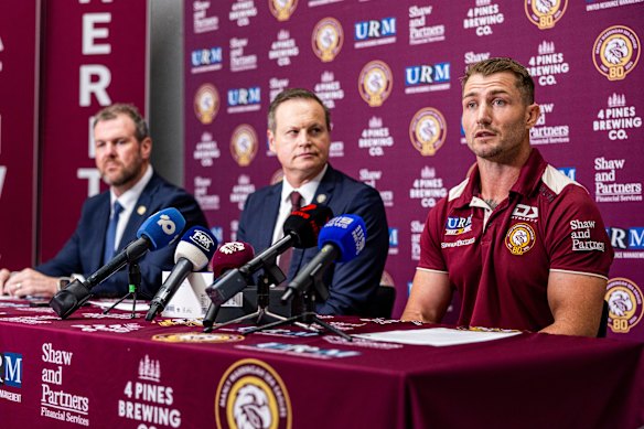 Manly CEO Jason King (left) with owner Scott Penn and Kieran Foran in March when the latter was promoted from assistant coach to interim coach. 