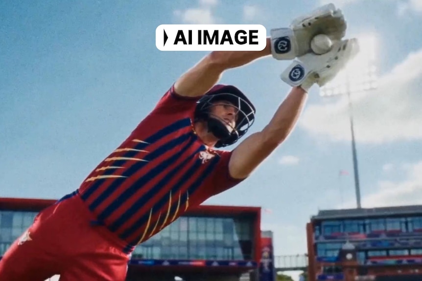 An AI rendering of a wicketkeeper taking a catch in a Manchester Super Giants kit.