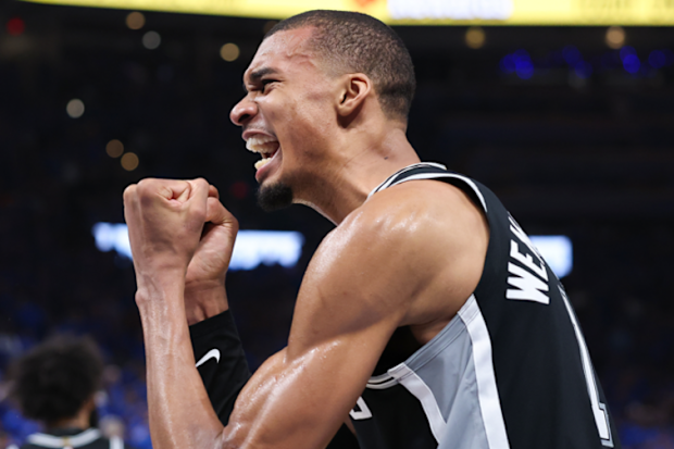 Victor Wembanyama celebrates as the Spurs advance to the NBA Finals.