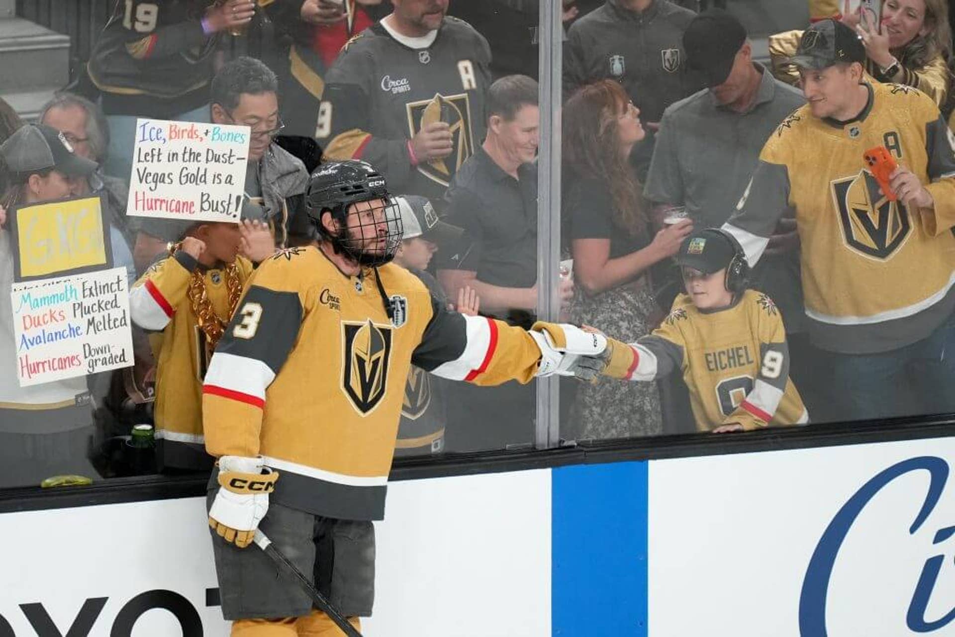 Brayden McNabb is pictured interacting with fans while wearing a cage for Game 3 of the Stanley Cup Final.