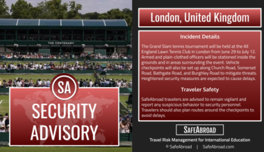 The Wimbledon tennis tournament will take place from June 29 to July 12 in London, United Kingdom; expect heightened security.