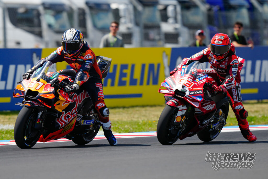 Pedro Acosta leads Marc Marquez during the Hungarian MotoGP race at Balaton Park.