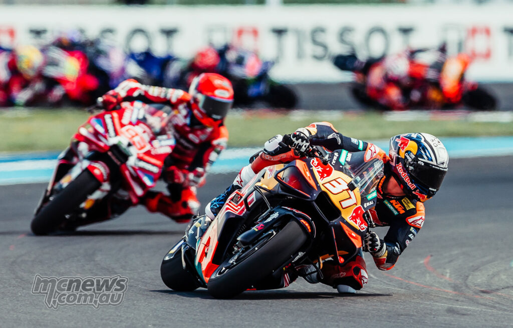 Pedro Acosta leads Marc Marquez and the MotoGP pack through a left-hander in Hungary.