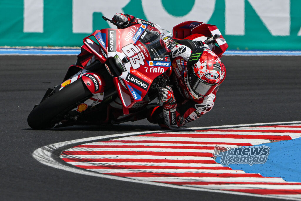 Francesco Bagnaia leans his Ducati through a left-hander at Balaton Park.