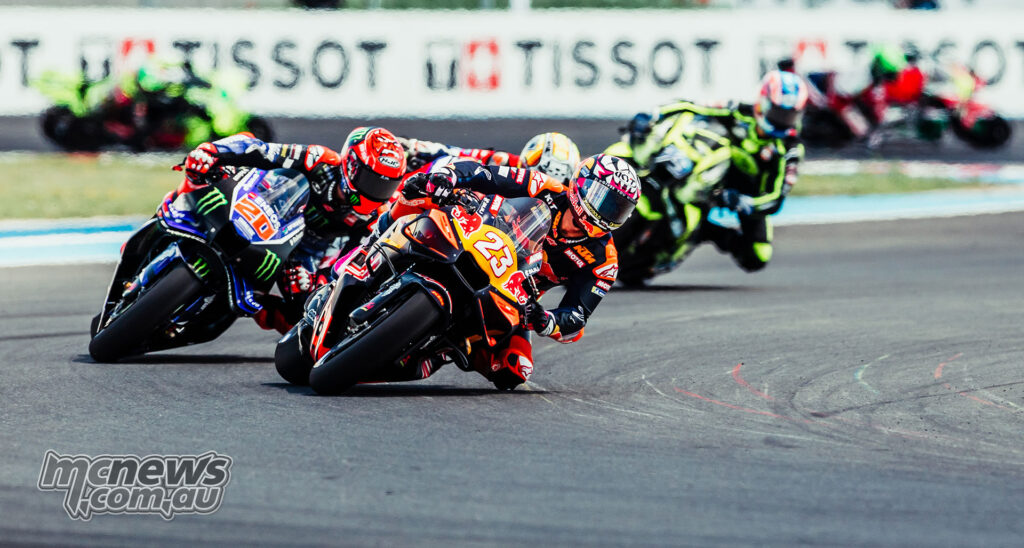 Enea Bastianini leads Fabio Quartararo during the Hungarian MotoGP race.