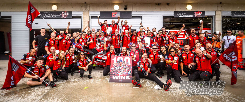 Ducati Lenovo Team celebrates its 100th MotoGP win in the Balaton Park pit lane.