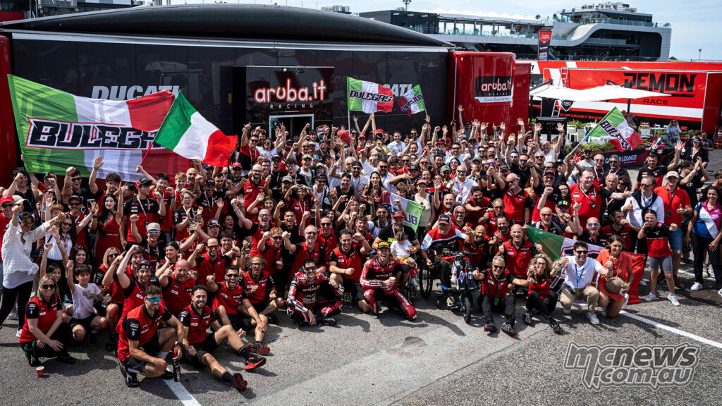 Aruba.it Racing Ducati team and supporters celebrating Nicolò Bulega’s Misano WorldSBK victories.
