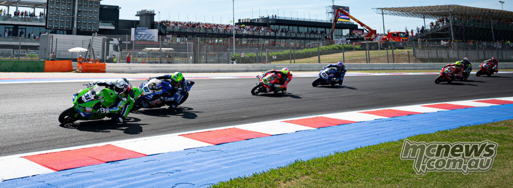 Garrett Gerloff leading Remy Gardner through a Misano corner during WorldSBK Sunday racing.