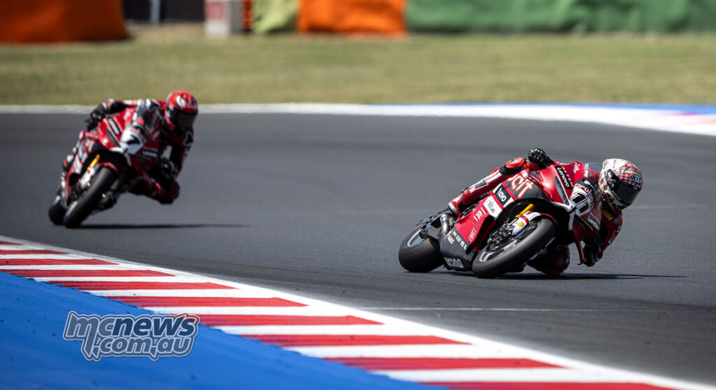 Nicolò Bulega leading Iker Lecuona through a left-hand corner in WorldSBK Race 2 at Misano.